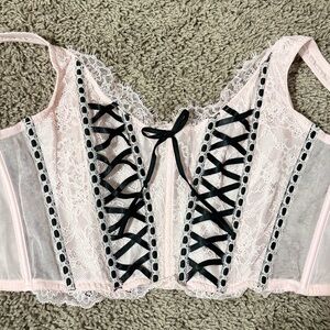 NWT Pink Lace Corset Top with Black Ribbon Detail